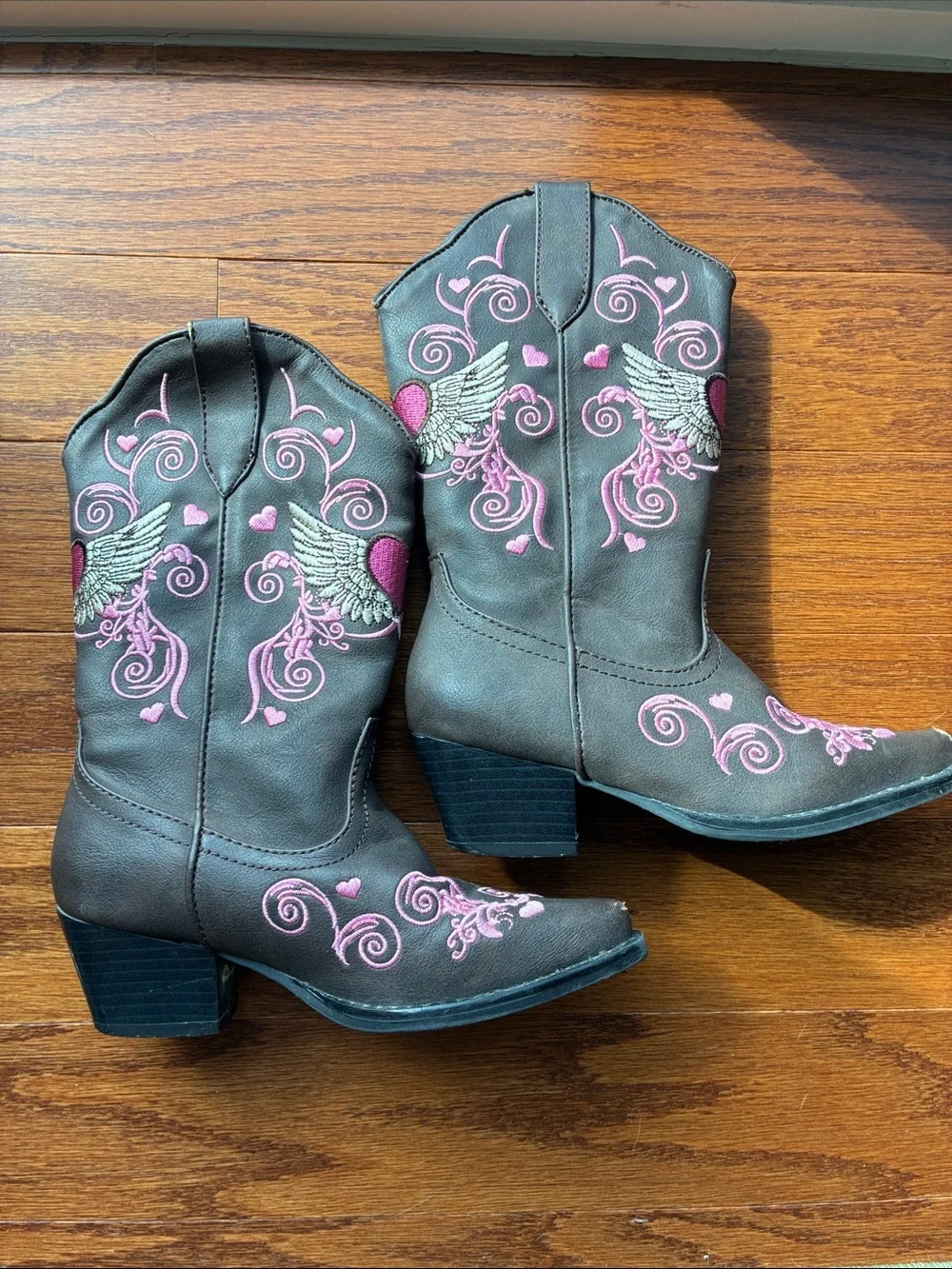 Roper Brown Kids Western Boots with Pink & White Wing Embroidery